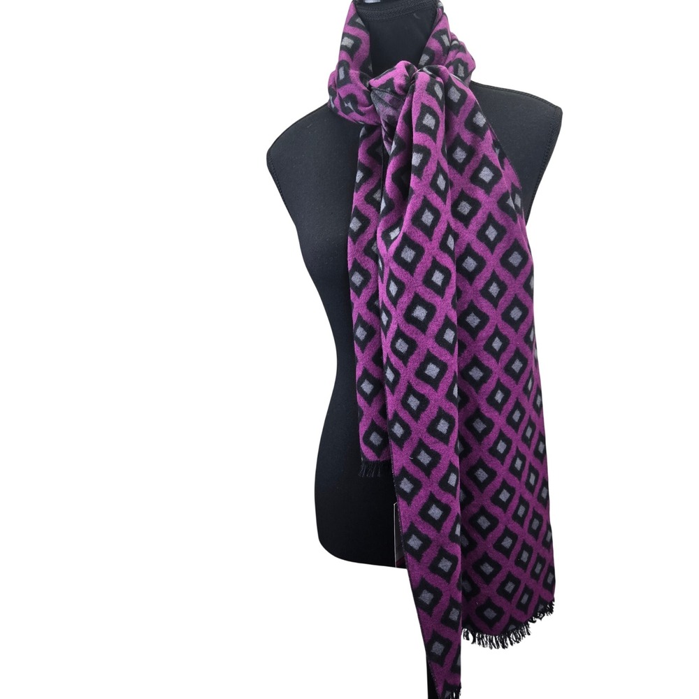 NWT Alfani Silk Purple Black Diamond Soft Knit Scarf Fringe Luxury Cozy Outdoors